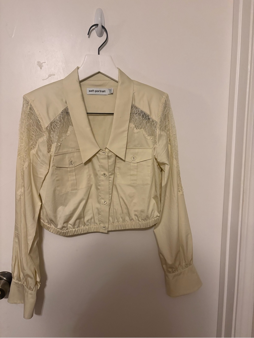 Self-Portrait Cream Lace-Trim Buttoned Cropped Jacket
